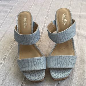 Charles by Charles David block heel sandal in pastel blue.